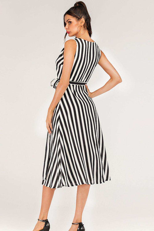 Striped Surplice Tied Sleeveless Dress - Trendsi - Flyclothing LLC