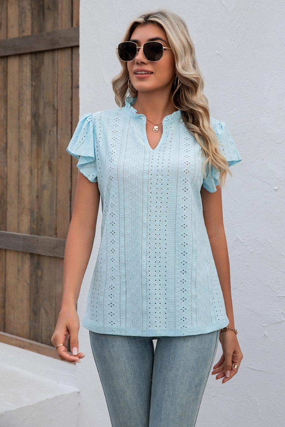 Eyelet Notched Neck Flutter Sleeve Top - Trendsi - Flyclothing LLC