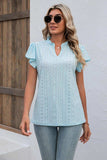Eyelet Notched Neck Flutter Sleeve Top - Trendsi - Flyclothing LLC