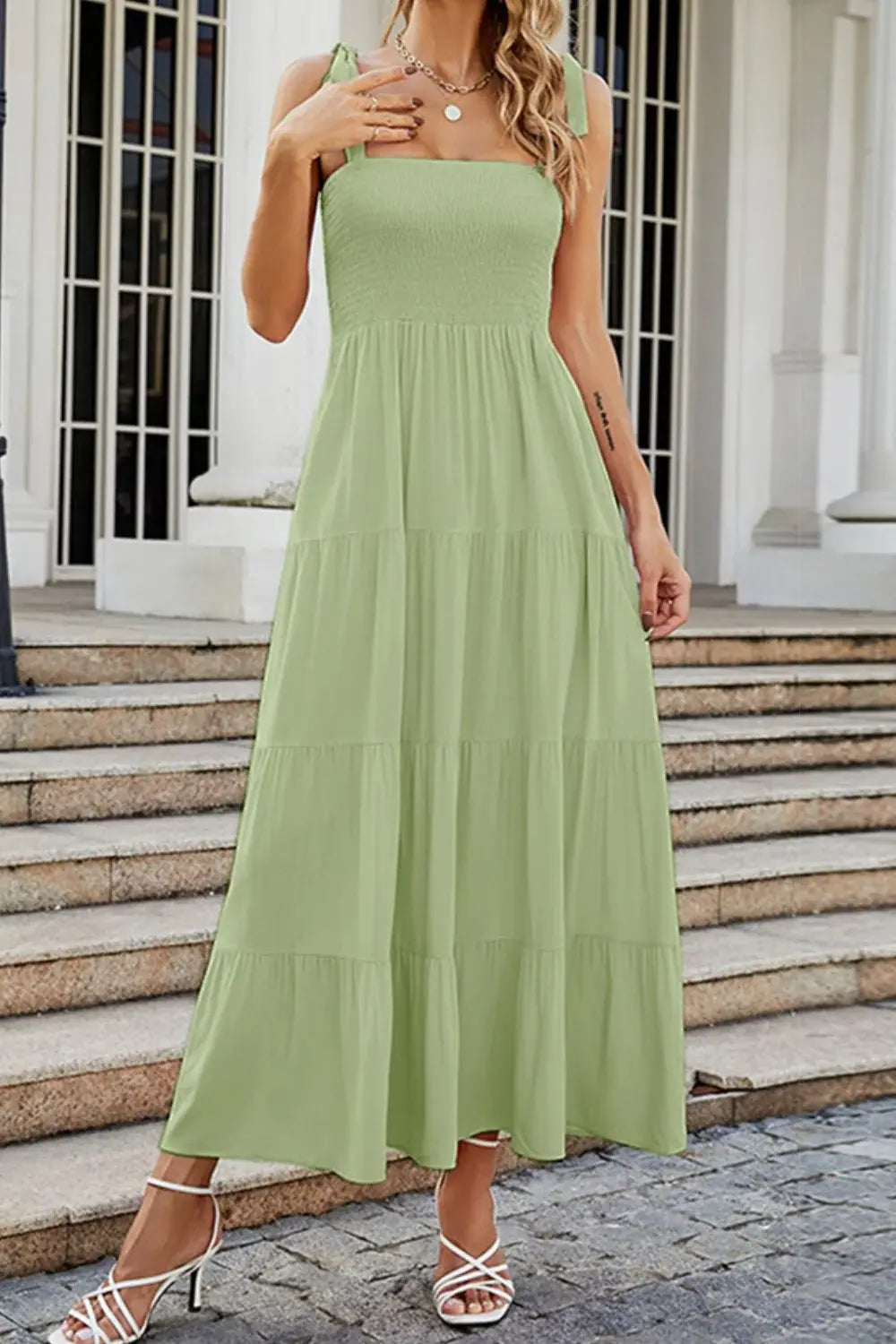 Tie-Shoulder Smocked Tiered Dress - Trendsi - Flyclothing LLC