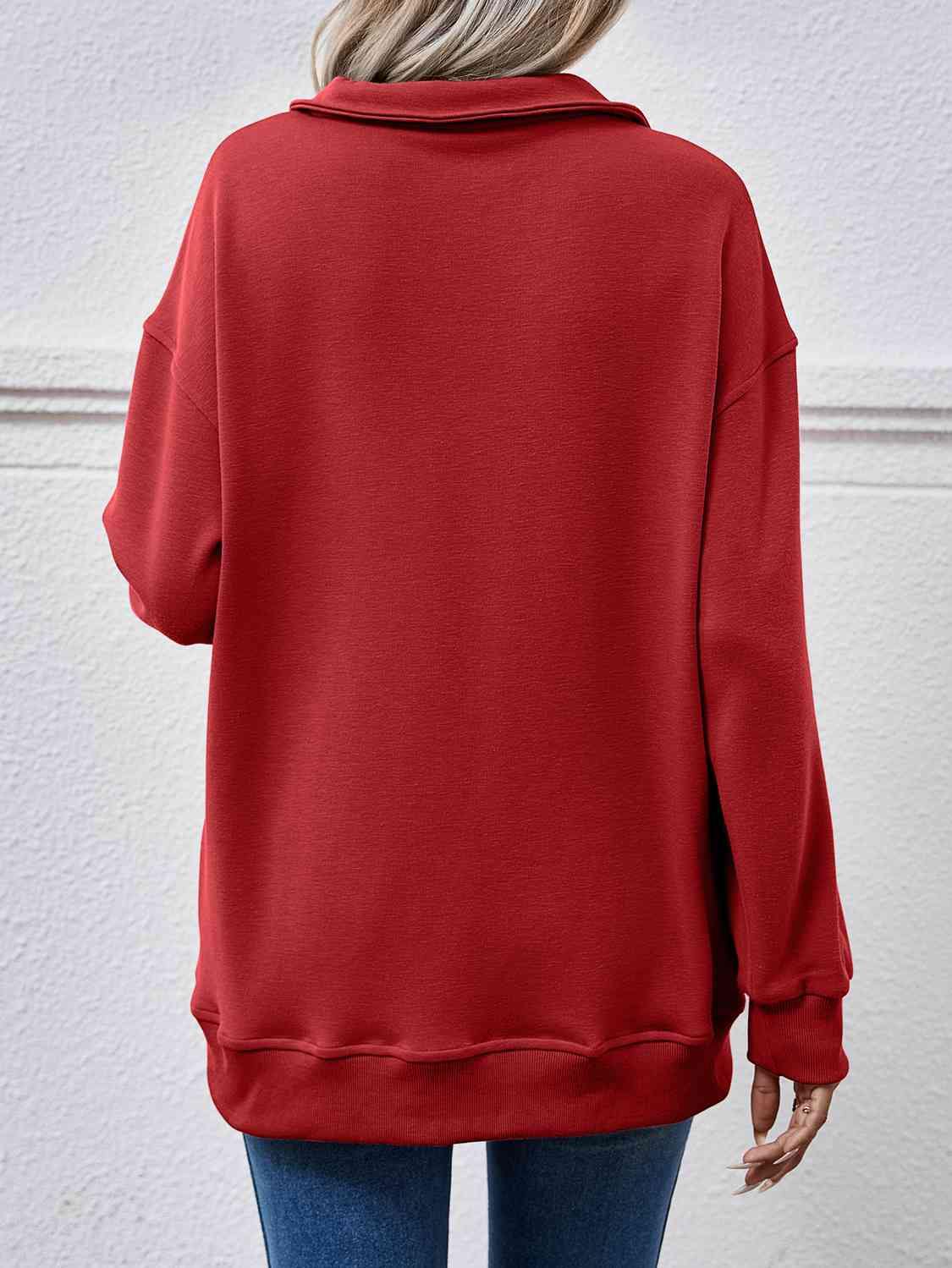 Collared Neck Dropped Shoulder Sweatshirt - Trendsi
