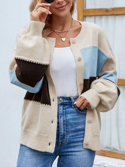 Color Block Button Up Lantern Sleeve Cardigan - Trendsi