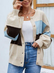 Color Block Button Up Lantern Sleeve Cardigan - Trendsi