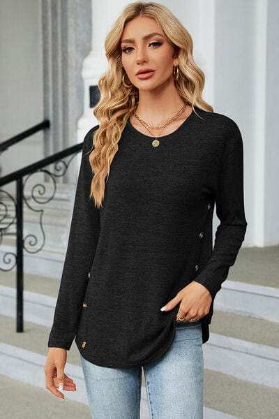 Decorative Button Round Neck T-Shirt - Trendsi - Flyclothing LLC