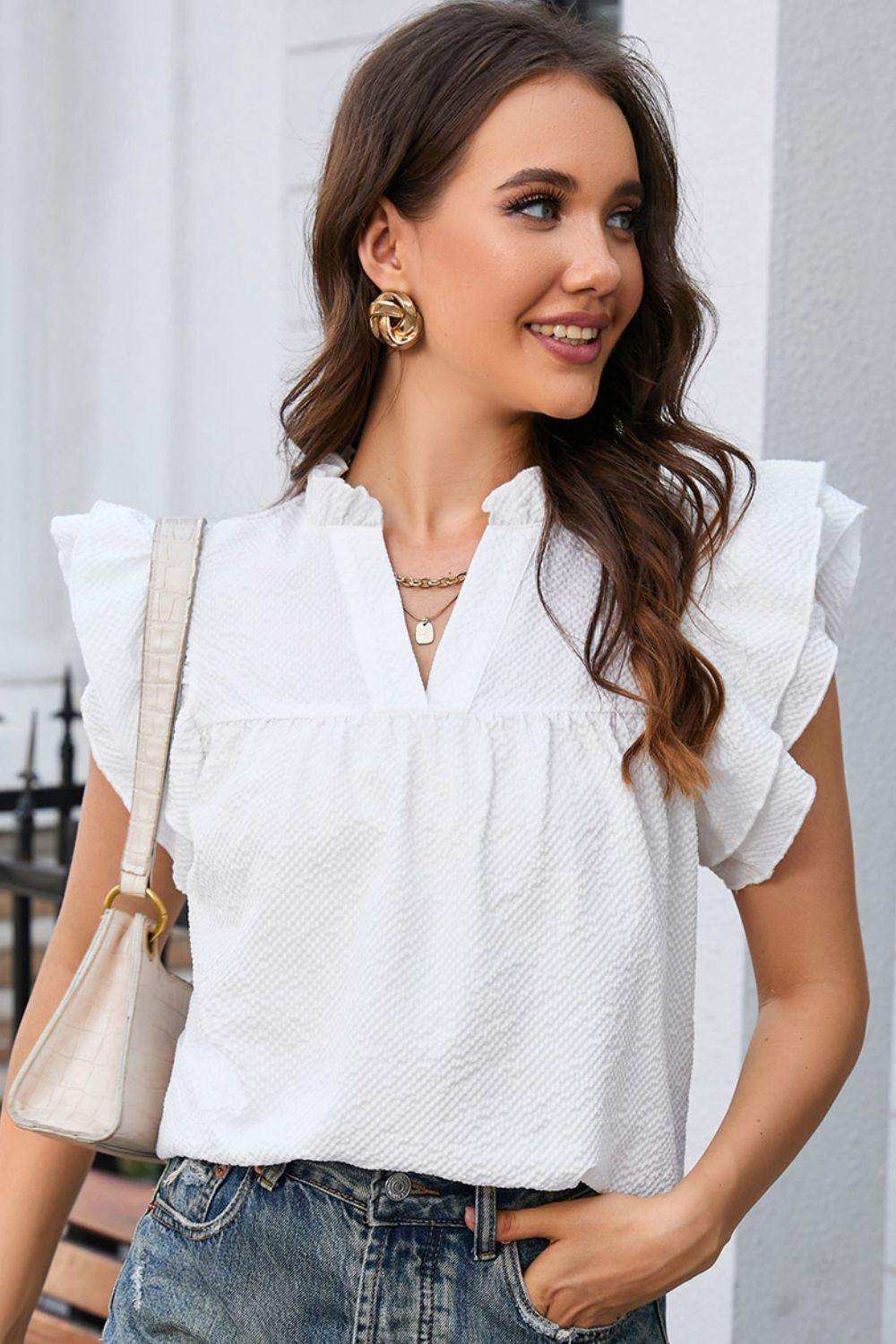 Notched Neck Butterfly Sleeve Blouse - Trendsi - Flyclothing LLC