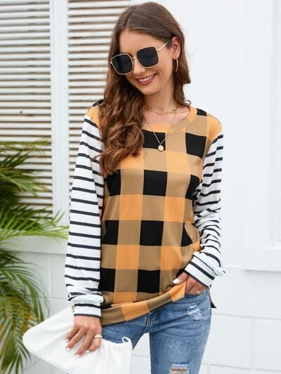 Plaid Striped Round Neck Long Sleeve T-Shirt - Trendsi