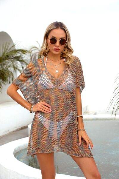 Openwork V-Neck Half Sleeve Cover Up - Trendsi - Flyclothing LLC