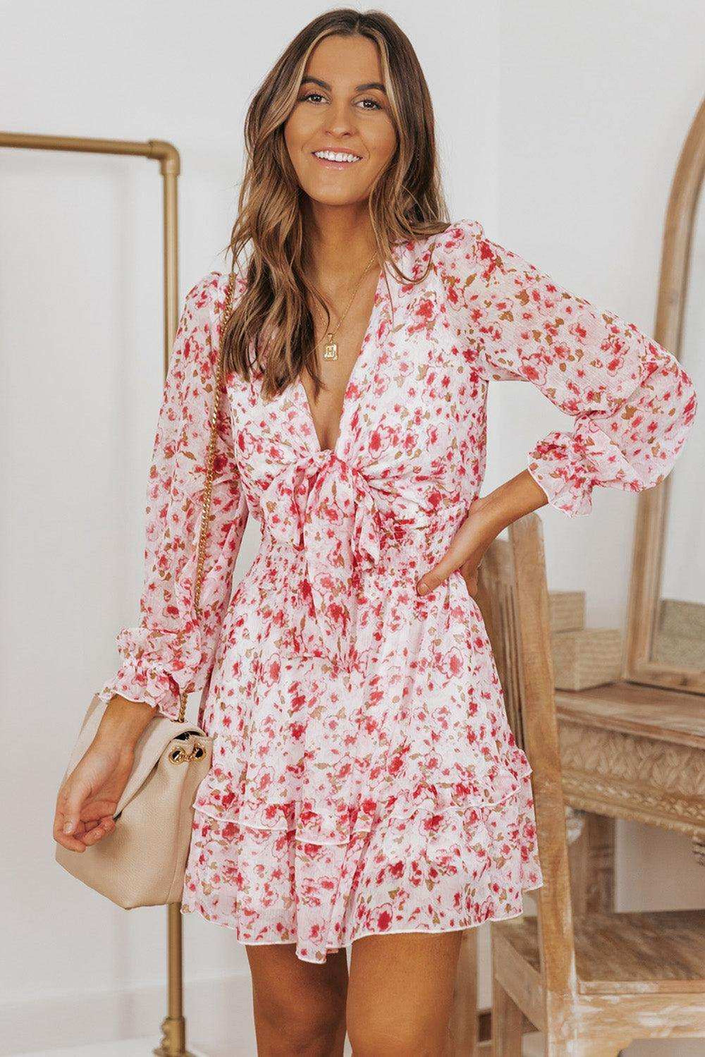 Floral Deep V Flounce Sleeve Mini Dress - Trendsi - Flyclothing LLC