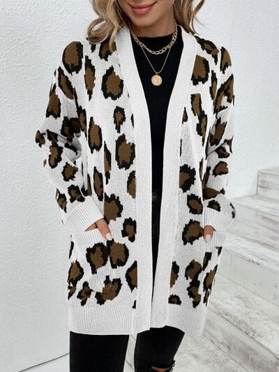Leopard Open Front Dropped Shoulder Cardigan - Trendsi