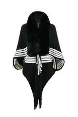 Striped Fringe Detail Long Sleeve Poncho - Trendsi - Flyclothing LLC