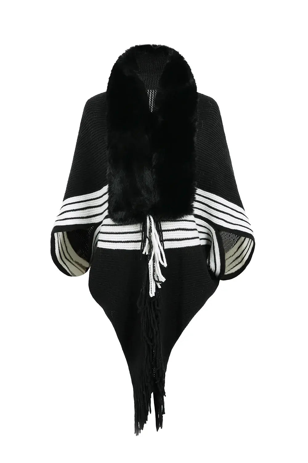 Striped Fringe Detail Long Sleeve Poncho - Trendsi - Flyclothing LLC