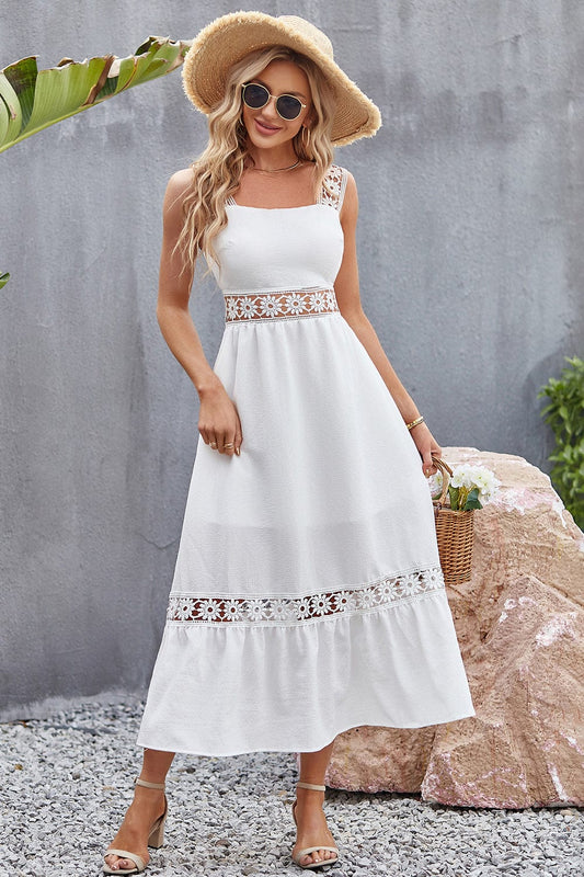 Flower Crochet Wide Strap Midi Dress - Trendsi