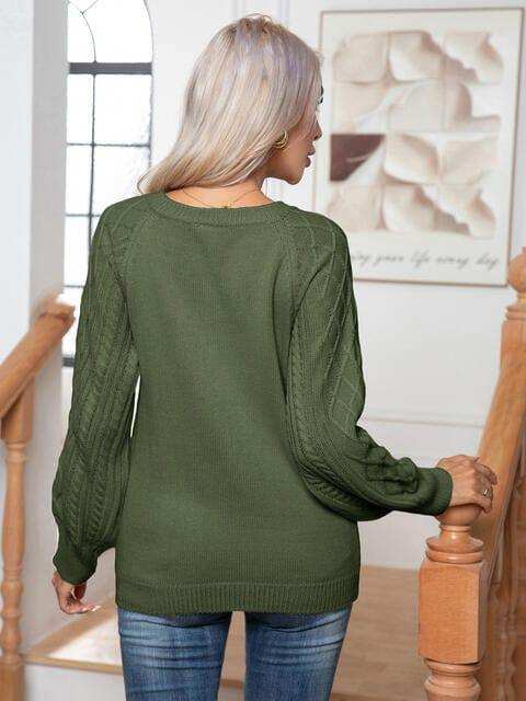 Cable-Knit Round Neck Buttoned Sweater - Trendsi - Flyclothing LLC