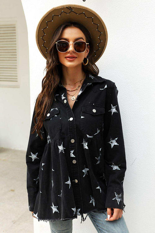 Collared Neck Star Print Long Sleeve Denim Jacket - Trendsi - Flyclothing LLC