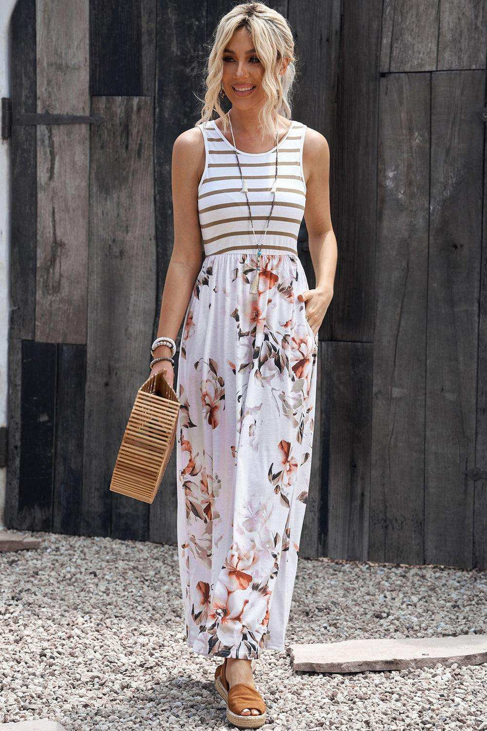 Striped Floral Round Neck Sleeveless Maxi Dress - Trendsi - Flyclothing LLC