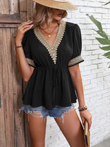 Contrast V-Neck Babydoll Top - Trendsi - Flyclothing LLC