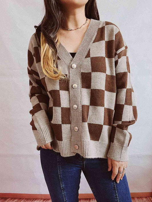 Checkered Open Front Button Up Cardigan - Trendsi