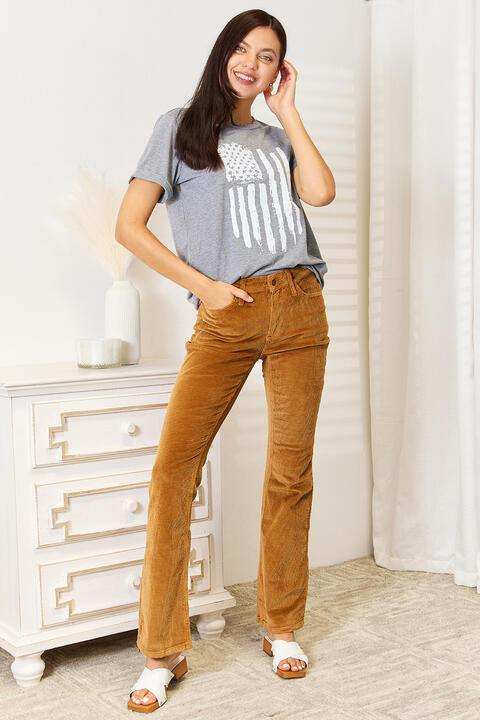 Simply Love US Flag Graphic Cuffed Sleeve T-Shirt - Trendsi - Flyclothing LLC