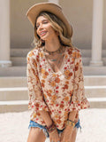 Floral V-Neck Spliced Lace Blouse - Trendsi