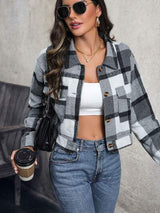 Plaid Button Up Drop Shoulder Cropped Jacket - Trendsi - Flyclothing LLC