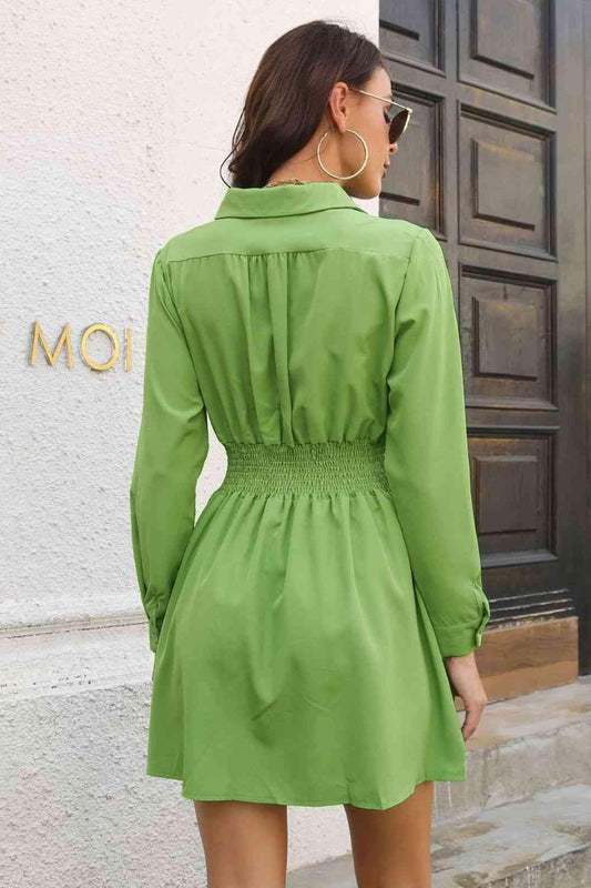 Johnny Collar Smocked Waist Long Sleeve Mini Dress - Trendsi