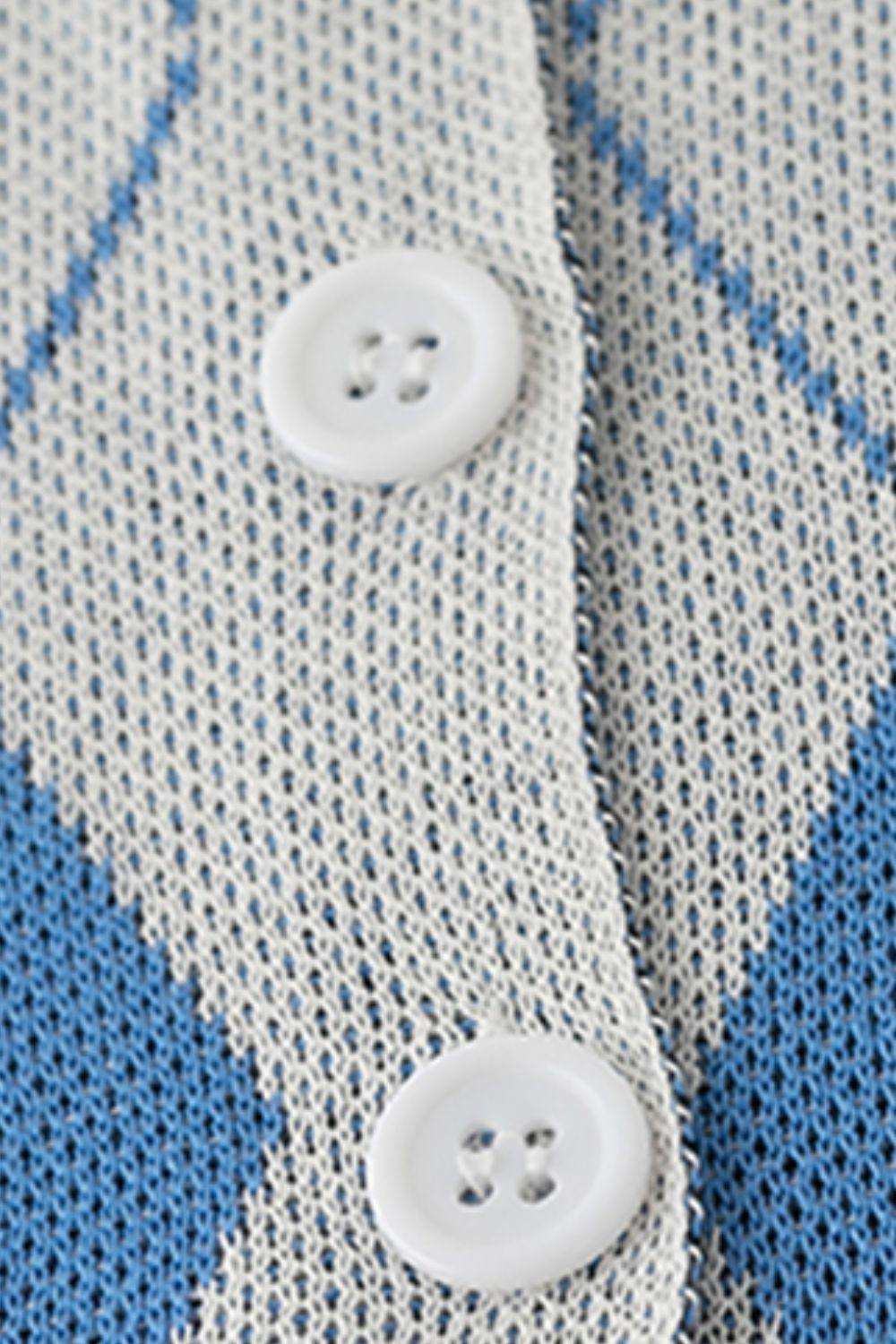 Argyle Round Neck Ribbed Trim Cardigan - Trendsi - Flyclothing LLC