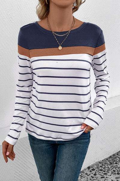 Striped Round Neck Long Sleeve T-Shirt - Trendsi - Flyclothing LLC