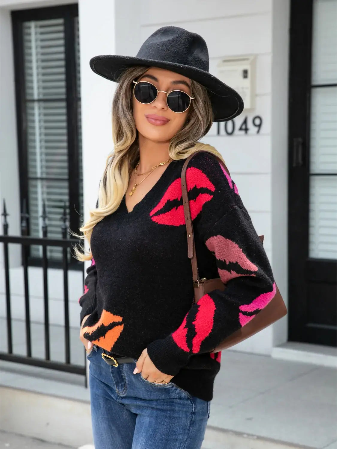Lip V-Neck Drop Shoulder Sweater - Trendsi - Flyclothing LLC