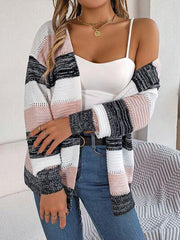 Openwork Striped Open Front Cardigan - Trendsi