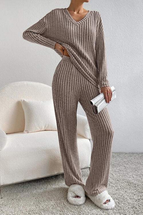 Ribbed V-Neck Top and Pants Set - Trendsi - Flyclothing LLC