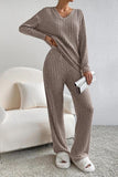 Ribbed V-Neck Top and Pants Set - Trendsi