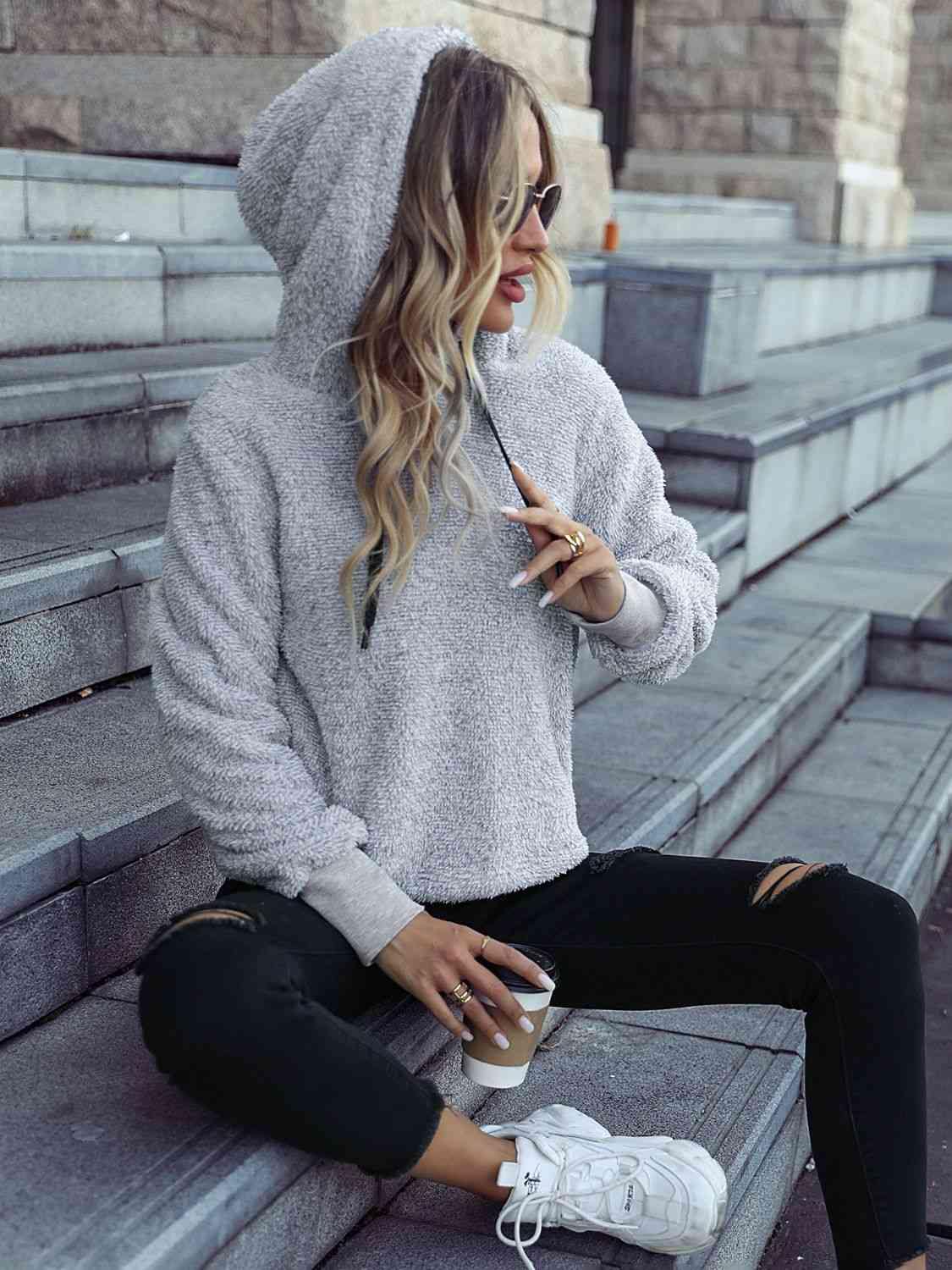 Drawstring Teddy Hoodie - Trendsi