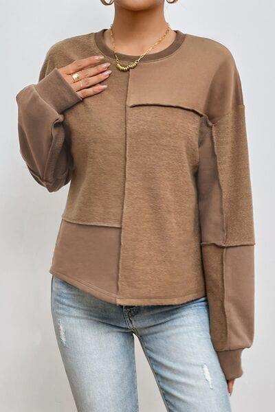 Exposed Seam Round Neck Long Sleeve Sweatshirt - Trendsi - Flyclothing LLC