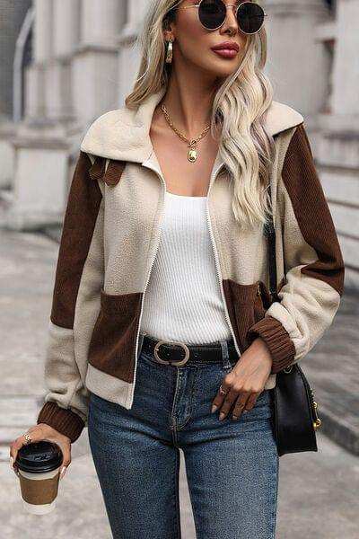 Color Block Zip Up Pocketed Jacket - Trendsi - Flyclothing LLC