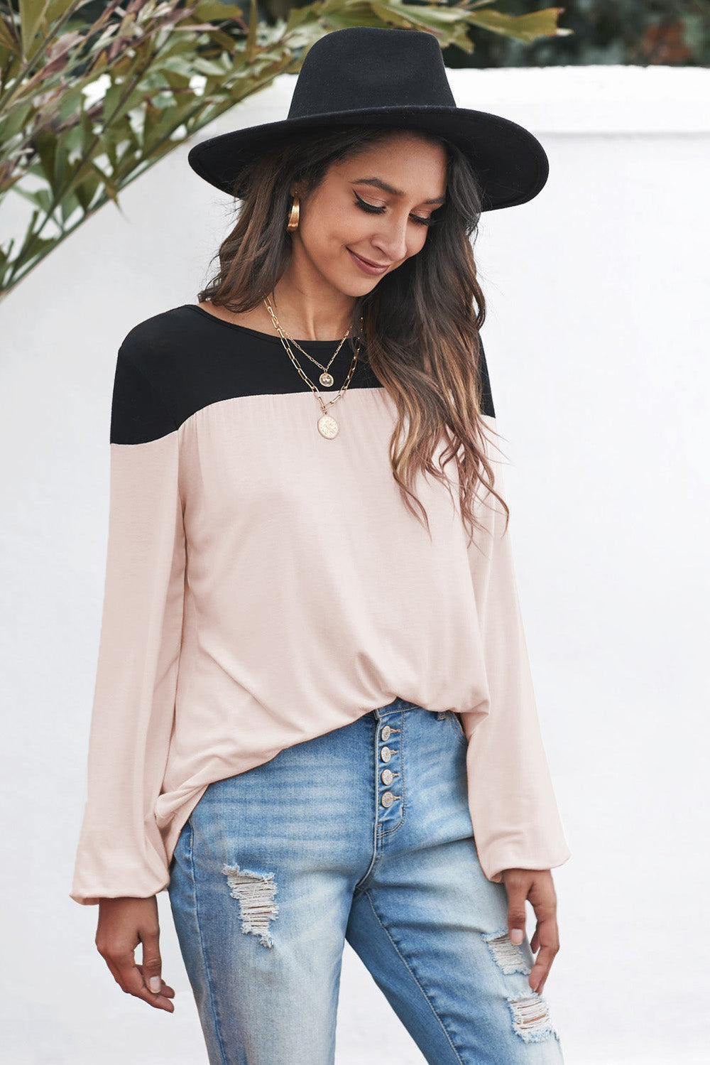 Contrast Balloon Sleeve Blouse - Trendsi