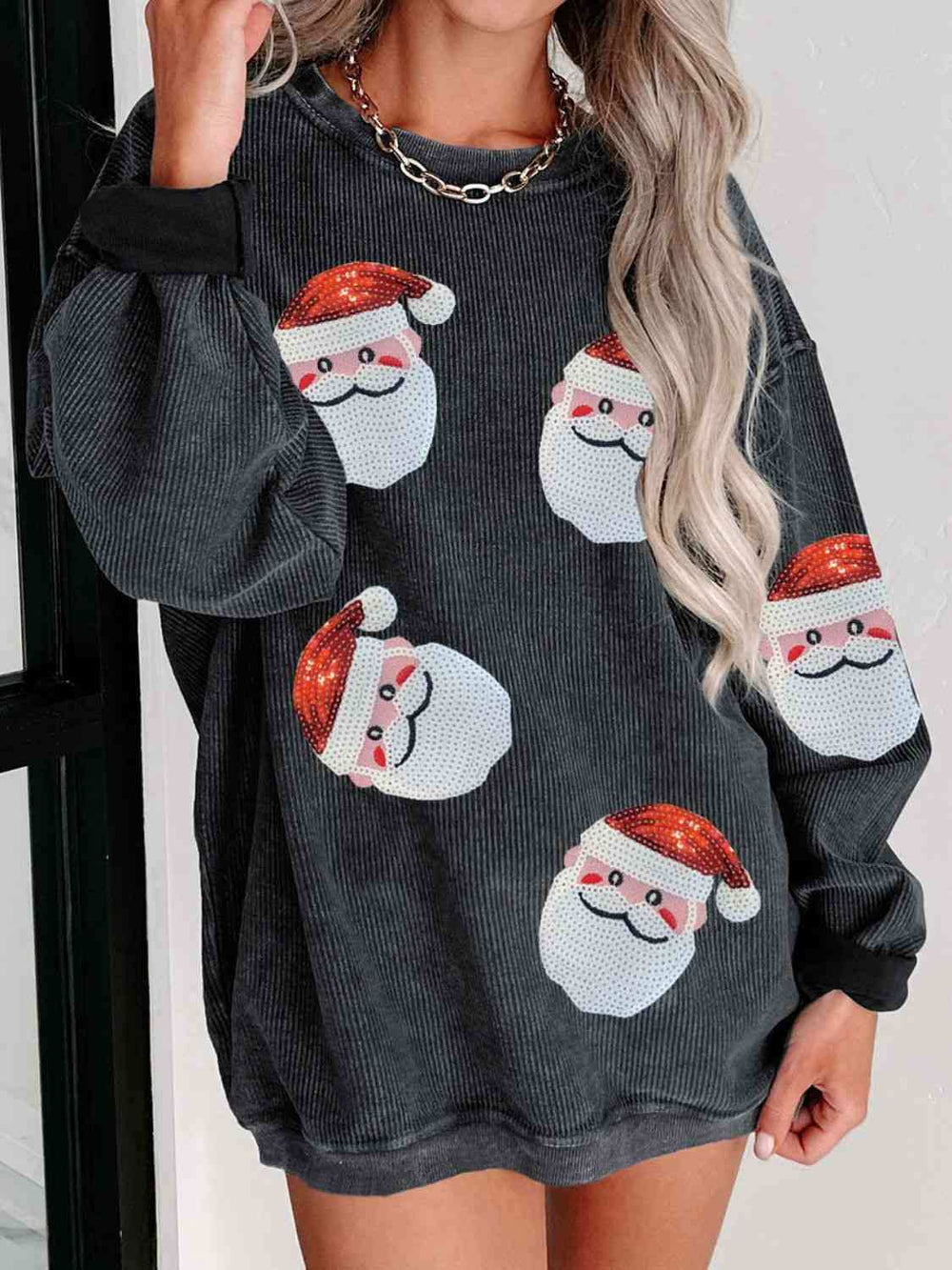 Sequin Santa Patch Ribbed Sweatshirt - Trendsi - Flyclothing LLC
