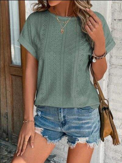 Eyelet Round Neck Short Sleeve T-Shirt - Trendsi - Flyclothing LLC