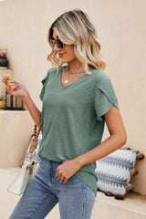 Eyelet Petal Sleeve V-Neck Knit Top - Trendsi - Flyclothing LLC