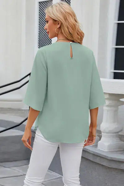 Round Neck Slit Half Sleeve Top - Trendsi - Flyclothing LLC