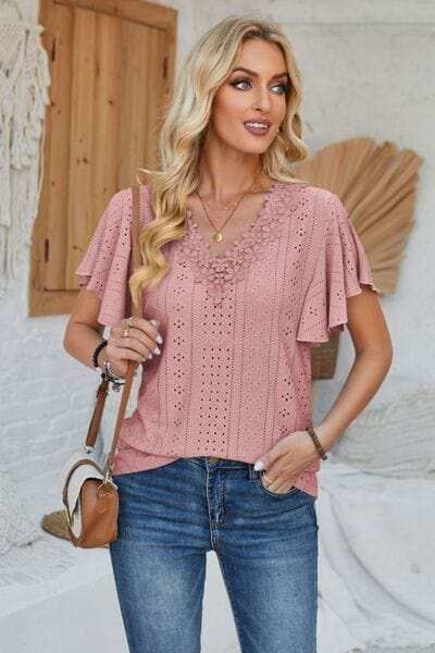 Eyelet Applique V-Neck Cap Sleeve T-Shirt - Trendsi - Flyclothing LLC