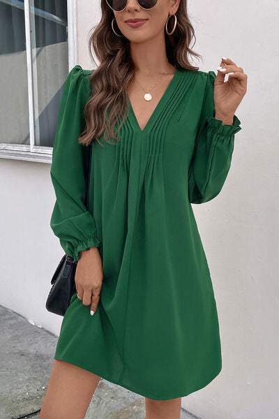 Ruched V-Neck Flounce Sleeve Dress - Trendsi - Flyclothing LLC