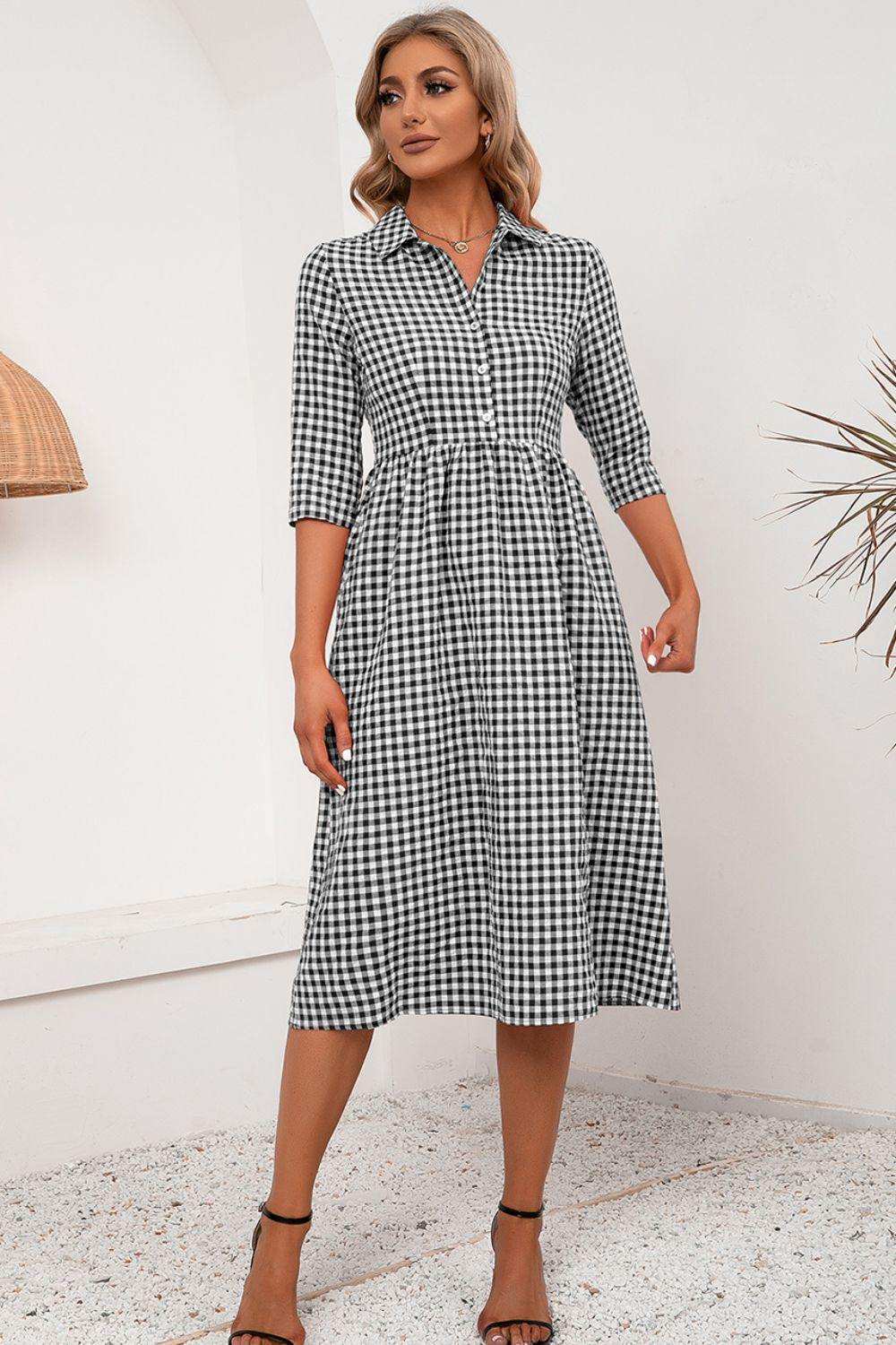 Plaid Collared Neck Midi Dress - Trendsi - Flyclothing LLC
