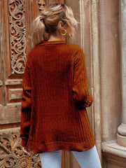 Ribbed Open Front Long Sleeve Cardigan with Pockets - Trendsi