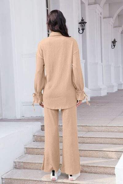 Drawstring Flounce Sleeve Shirt and Pants Set - Trendsi - Flyclothing LLC