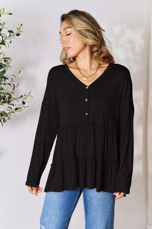 Double Take Half Button Long Sleeve Ruffle Hem Blouse - Trendsi - Flyclothing LLC