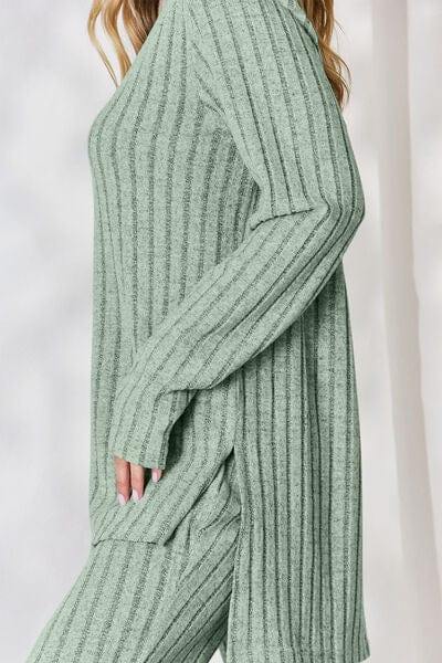 Basic Bae Full Size Ribbed High-Low Top and Wide Leg Pants Set - Trendsi