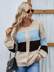Color Block Button Up Lantern Sleeve Cardigan - Trendsi