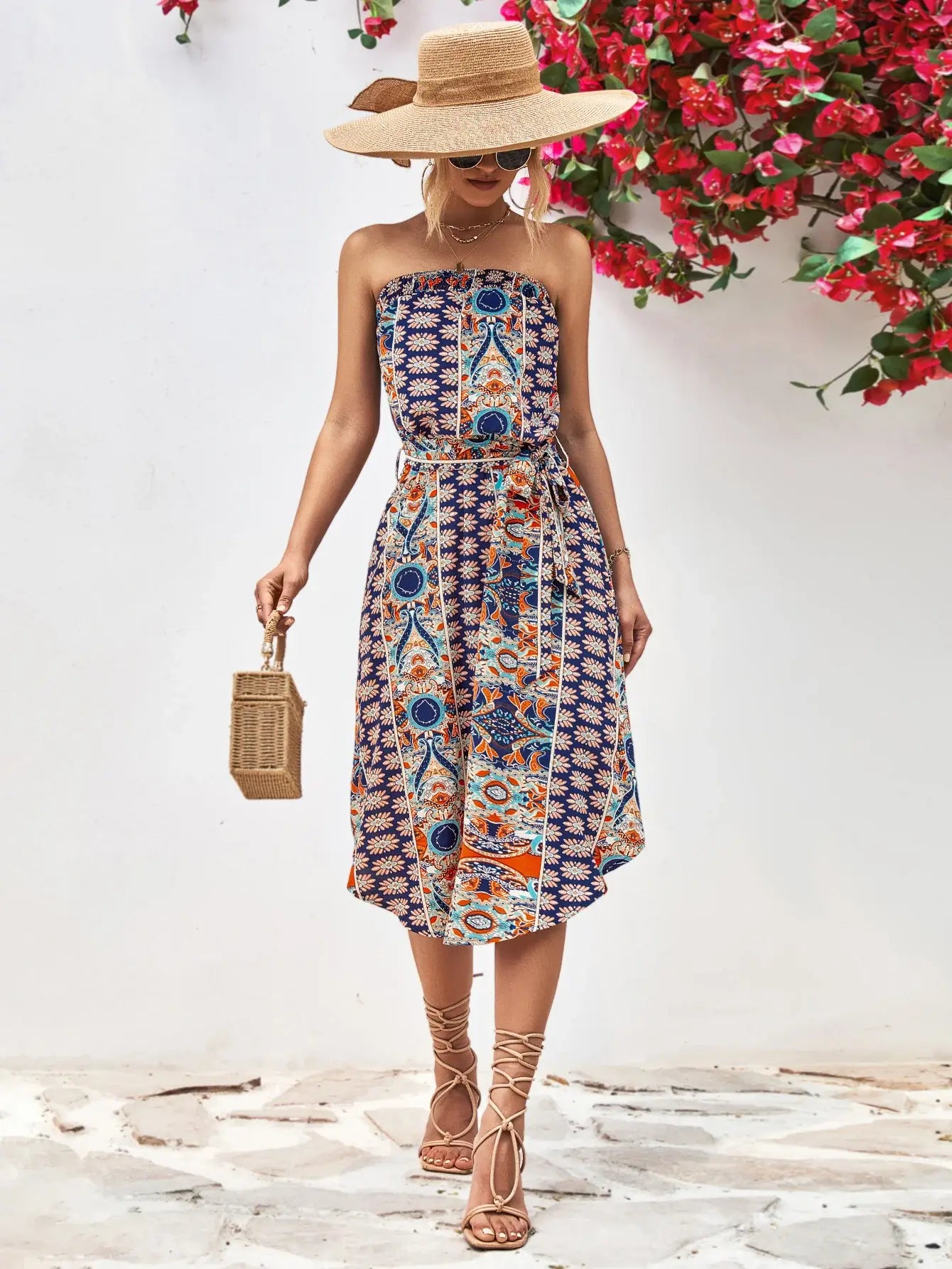 Printed Strapless Tie Belt Dress - Trendsi - Flyclothing LLC