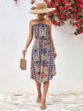 Printed Strapless Tie Belt Dress - Trendsi - Flyclothing LLC