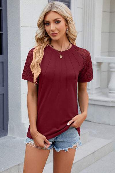 Openwork Round Neck Short Sleeve T-Shirt - Trendsi - Flyclothing LLC
